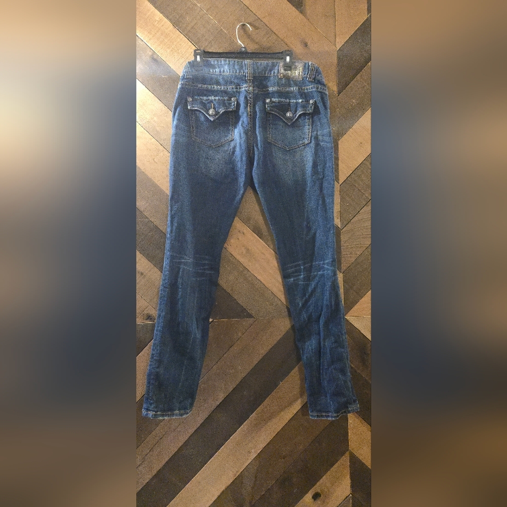 Rock & Roll Cowgirl Distressed Blue Jeans with Studs - Picture 6 of 7